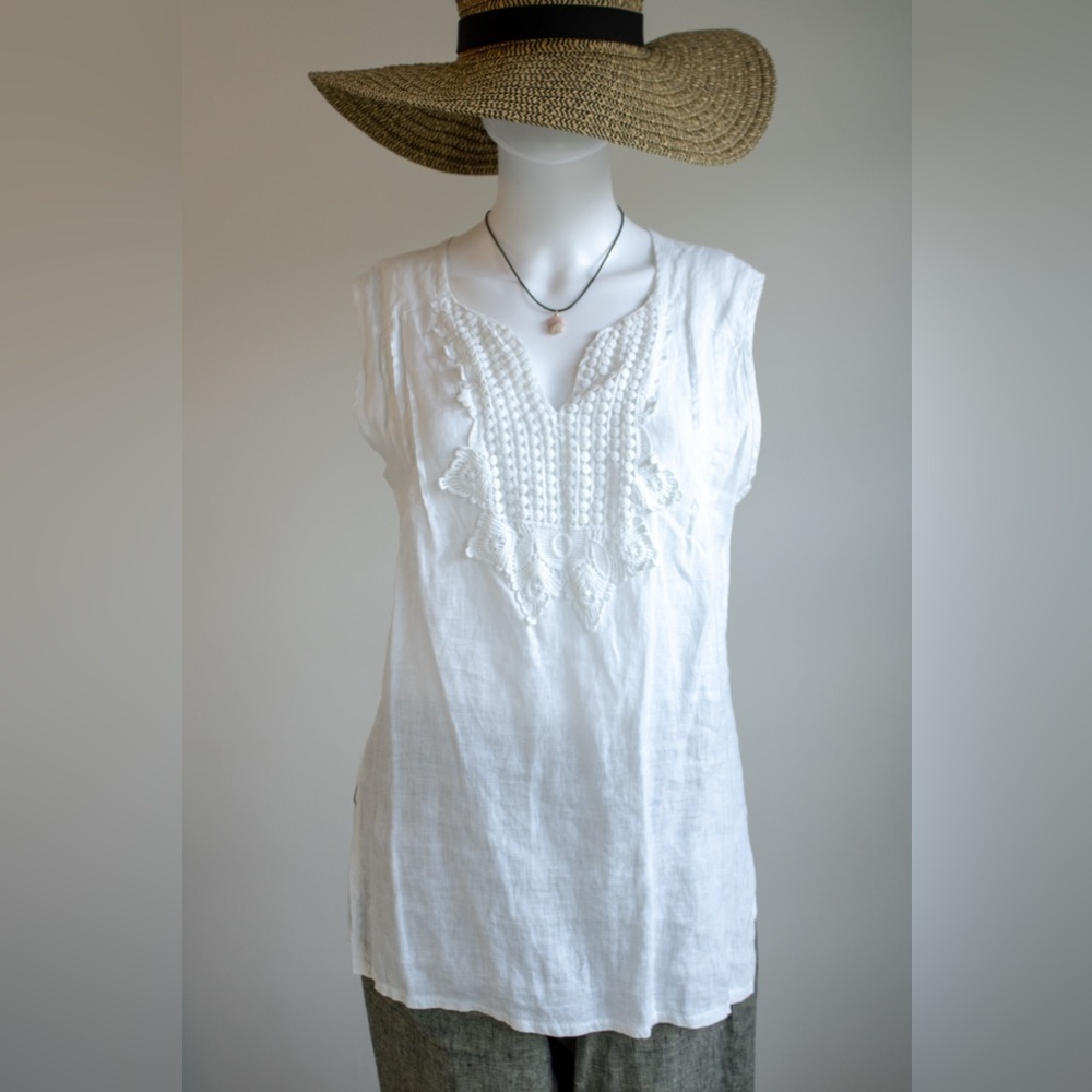 Marina Gigli White Lace Linen V-Neck Tunic Blouse Elegant Sleeveless Womens Top - Picture 3 of 12